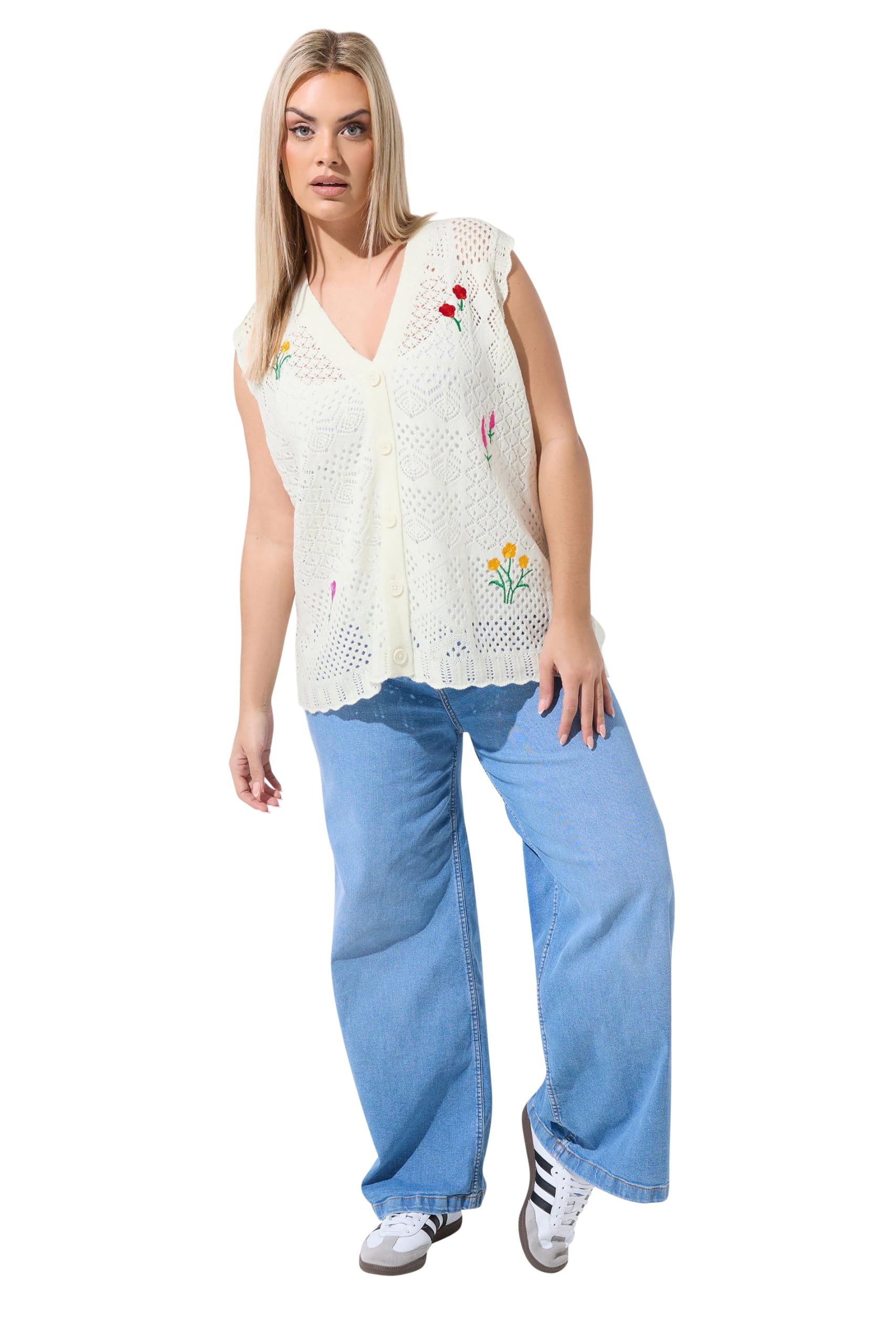 Yours Women's Flower Embroidered Knitted Waistcoat in Cream | Size: 14-16
