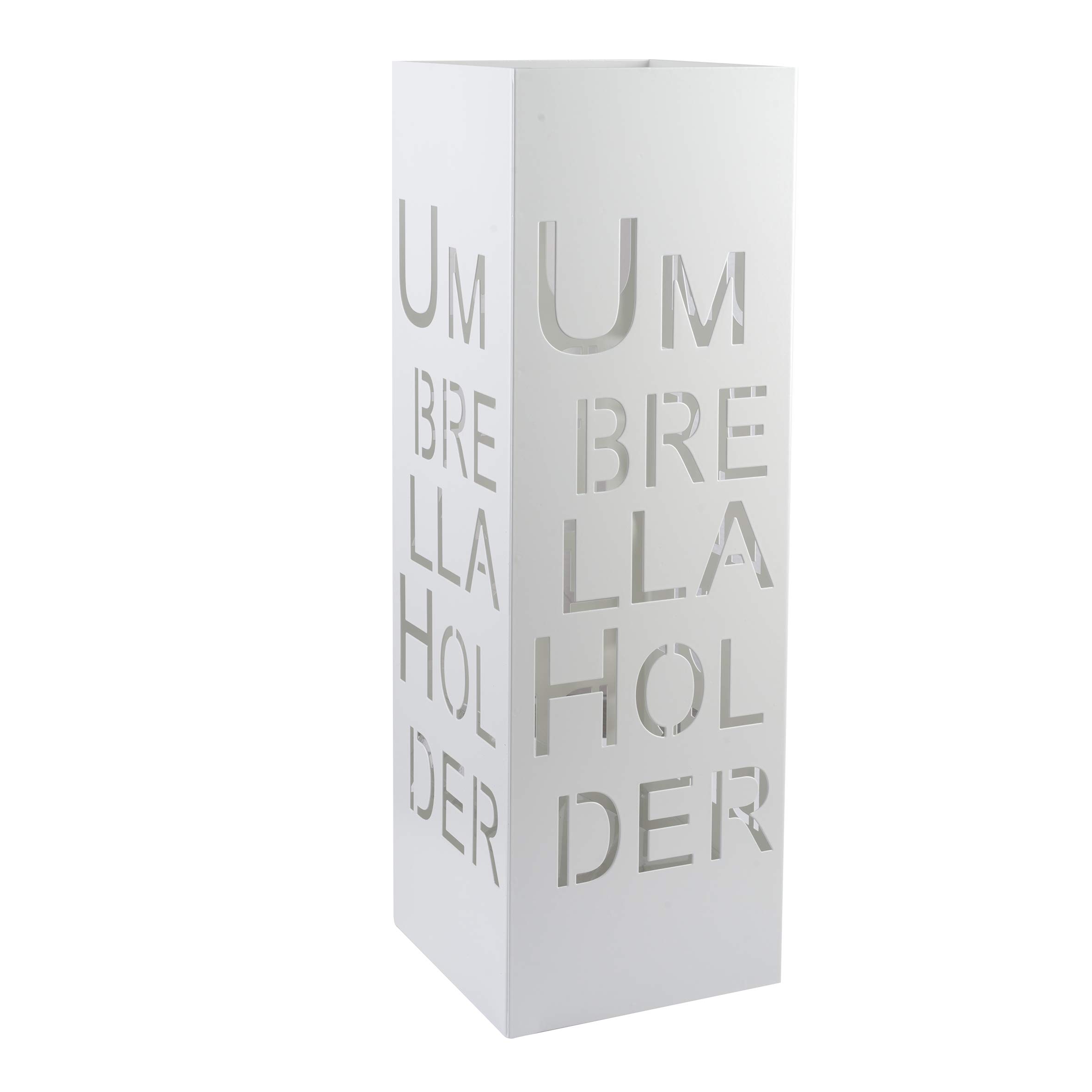 Baroni Home Portaombrelli Design Moderno Porta Ombrelli in Metallo con Intaglio Scritta Umbrella Holder Bianco con Gancino e Vaschetta Scolapioggia Rimovibile 15,5X15,5X49 cm