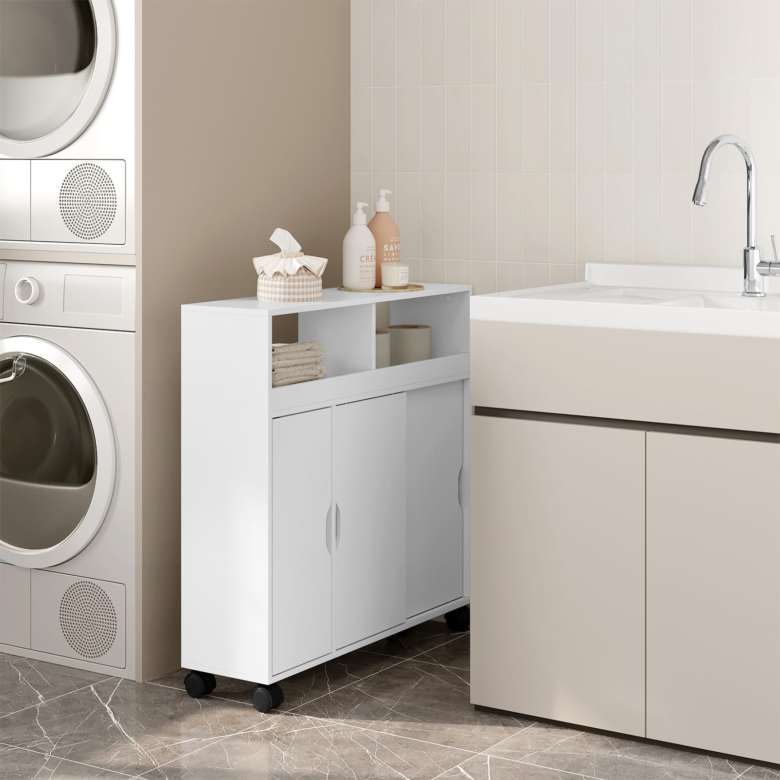 EUGAD Mobile da Bagno con Ante e Ruote, Armadietto da Bagno con Scomparti Aperti e Nascosti, Mobiletto Multiuso, per Cucina, Bagno, in Legno, Bianco, 70x20x71,5 cm