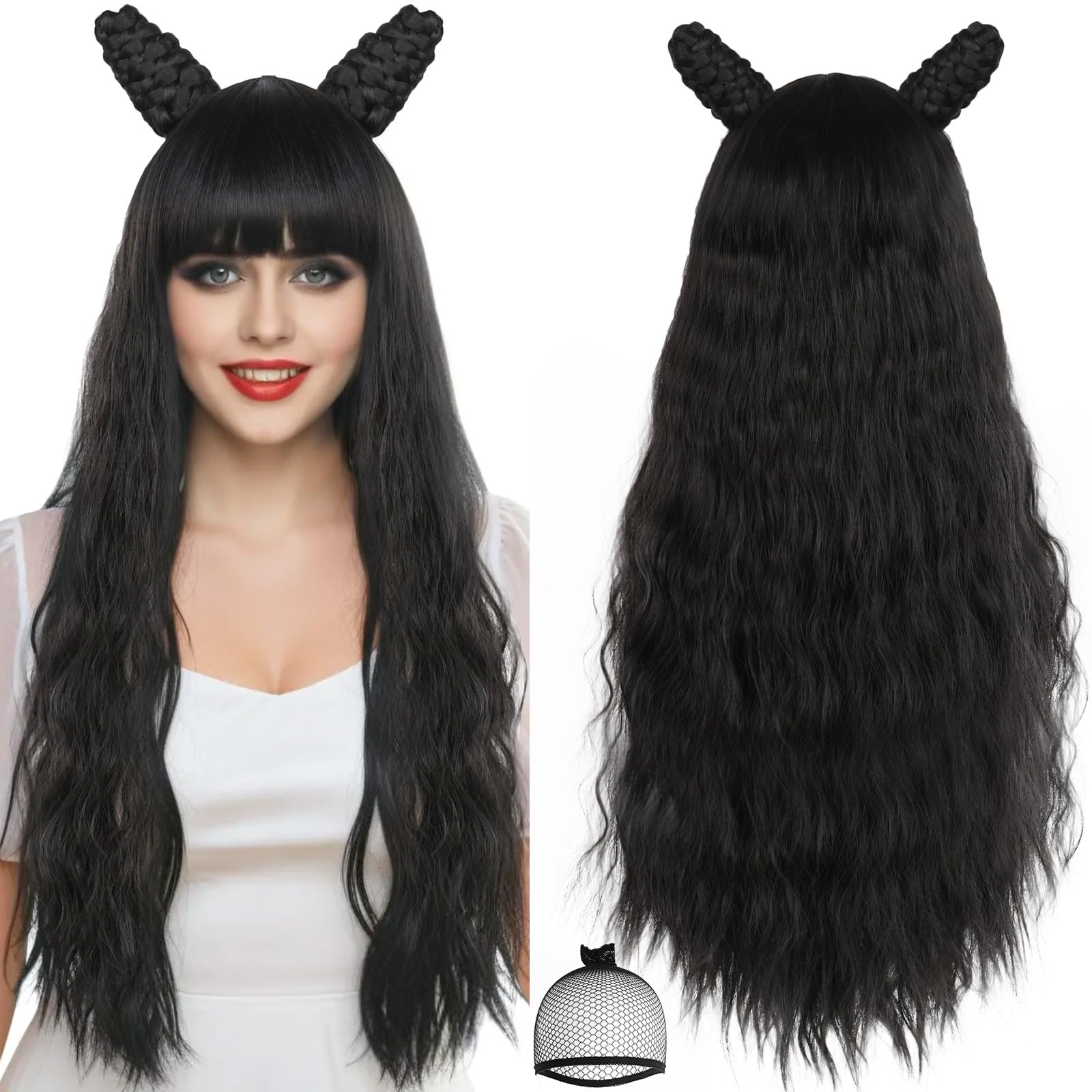 IMEYLELong Black Vampire Cosplay Wigs with Double Spiral Hair Horns Women Long Black Wavy Wig with Bangs Synthetic Female Vampire Costume Shadows Halloween Party + Wig Cap