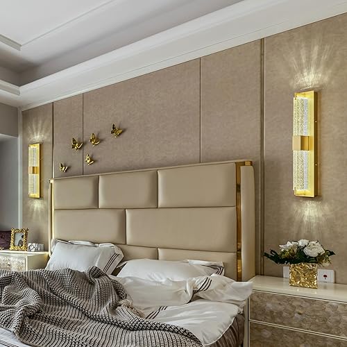 Miniatura 4 de Modernos apliques de pared de cristal dorados elegantes para sala de estar, dormitorio, baño, pasillo, puerta, escalera, mesita de noche (2 luces)