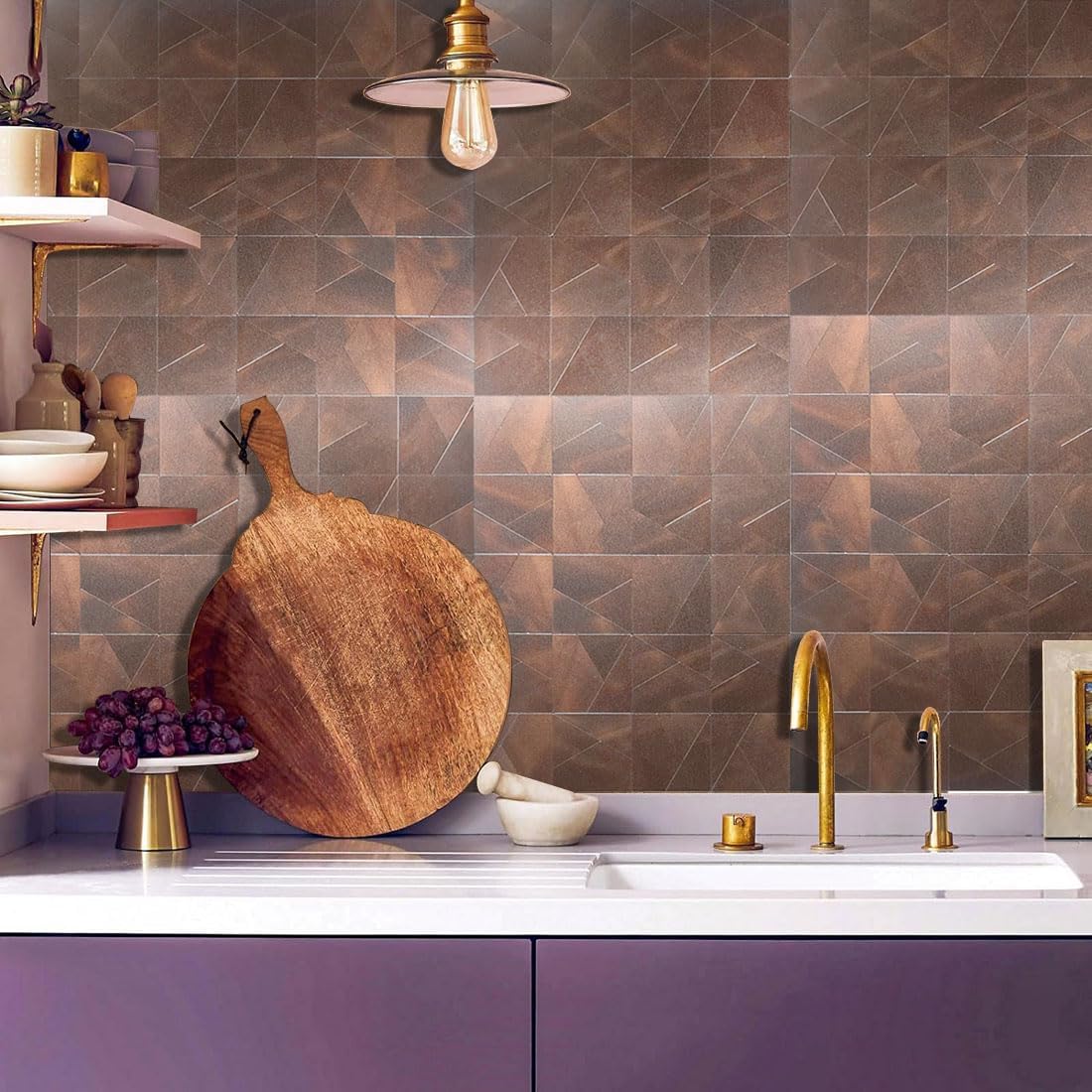 XUANINY Peel and Stick Metal Backsplash Tiles, Self Adhesive Aluminum Mosaic 3D Wall Sticker for Kitchen (Frosted Dark Red, 10)
