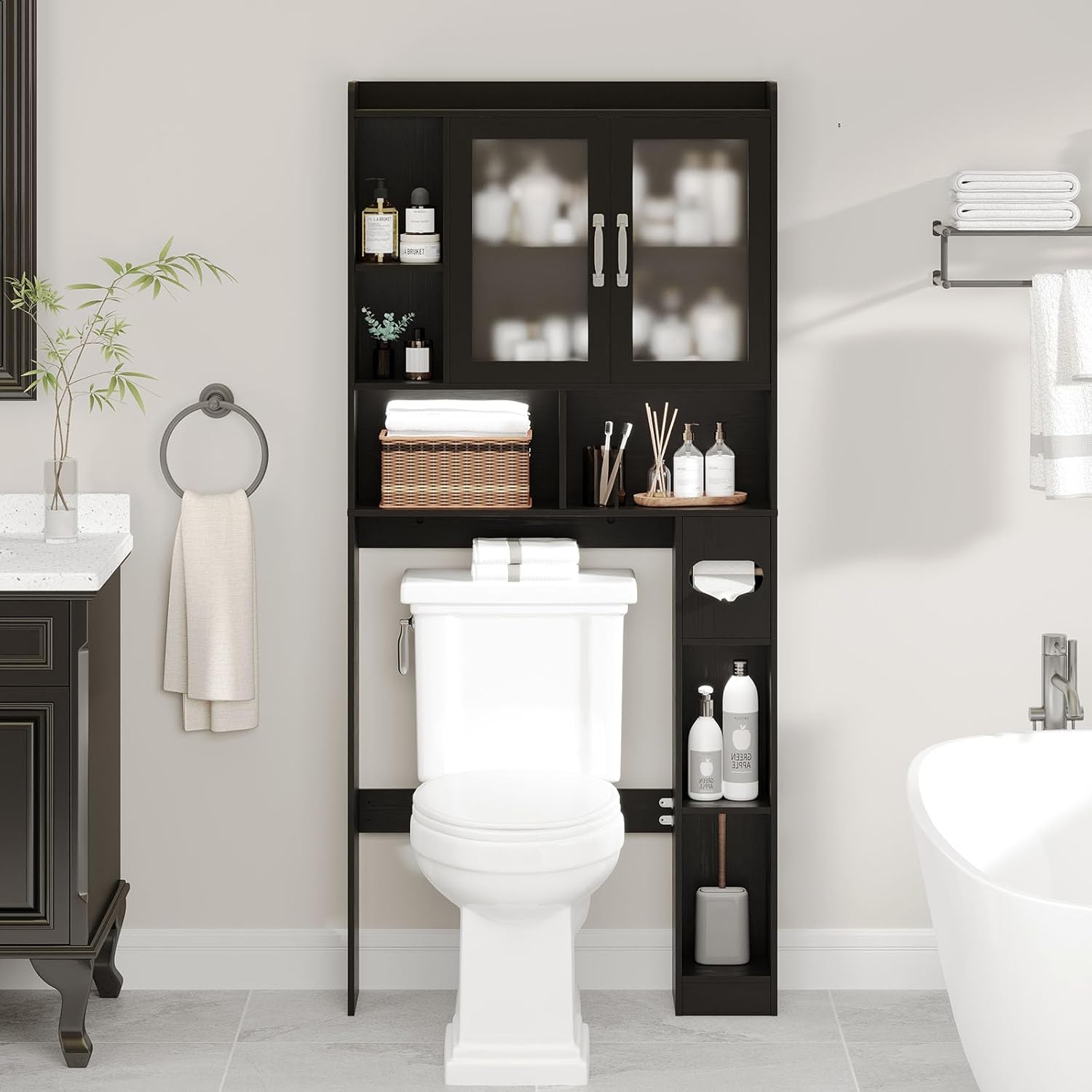 Vabches Over The Toilet Storage Cabinet, Farmhouse Storage Cabinet Over Toilet with Acrylic Doors，Home Space-Saving Toilet Rack, for Bathroom, Restroom, Laundry, Black