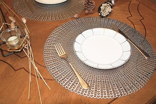 Miniatura 4 de Wintop - Mantel individual redondo de vinilo de 16.5 pulgadas, diseño hueco, juego de 6, plata, corazones circulares