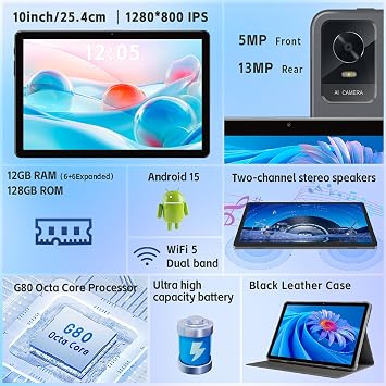 Android Tablet, 10.1 Inch Android 15 Tablets for Adults with Octa-Core CPU, 12GB RAM 128GB ROM (2TB Expandable), Dual WiFi, Bluetooth 5.0, 8000mAh Battery, 5MP+13MP, Widevine L1, 18W Fast Charging