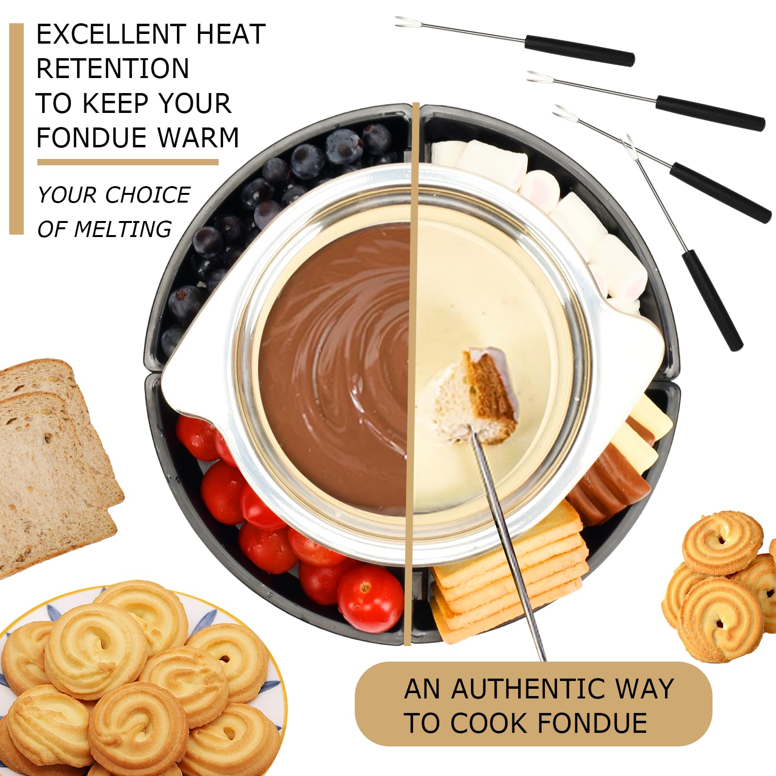 SANGLE SOPFFY - Juego de fondue 2 en 1 y cafetera eléctrica de S'mores – Juego de fondue de queso y chocolate con control de temperatura, bandejas desmontables, juego eléctrico de fondue con 4