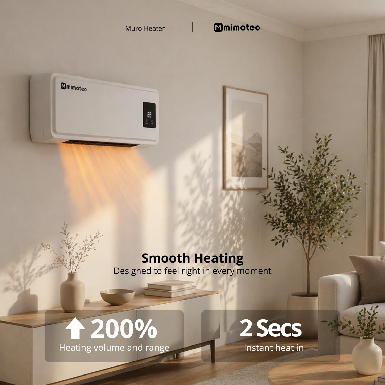 M mimotec - Chauffage mural électrique Muro 2000W, silencieux <45 dB, avec télécommande, écran LED et minuterie, IPX2 et anti-surchauffe, radiateur mural pour intérieur, Blanc