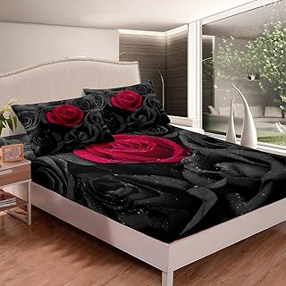 Rose Bed Sheet Set Rose Floral Print Bedding Set Romantic Flowers Pattern Fitted Sheet for Boys Girls Children Teens Bedroom Decor 3D Black Red Rose Bed Cover Queen Size with 2 Pillow Case