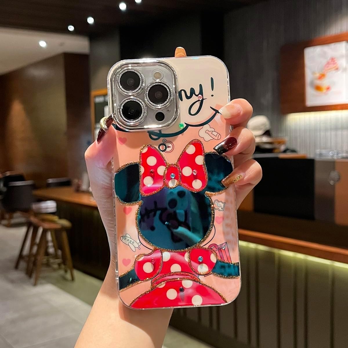 for iPhone 16 Pro Max Case Bling Camera Lens Protection Glitter Bling Cute Pattern Printed Design Soft Bumper Hard Back Shockproof Protective Case for Girls and Women - Minnie - Image 5