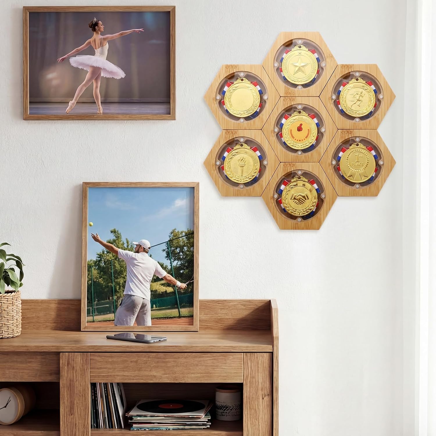 Kathfly 7 Pack Medal Hanger Display Honeycomb Design Wooden Hexagon Award Storage Case for Wall, Medal Stand Holder for Sports Basketball Gymnastics Soccer Softball Holder, No Drill (Acrylic)