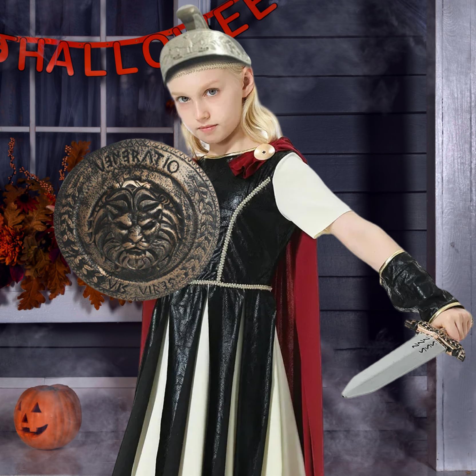 Costume da cavaliere per bambini, modello drago, armatura da cavaliere medievale, include casco, scudo, spada, protezioni per i polsi e armatura per giochi di ruolo cosplay di Halloween, 5 pezzi