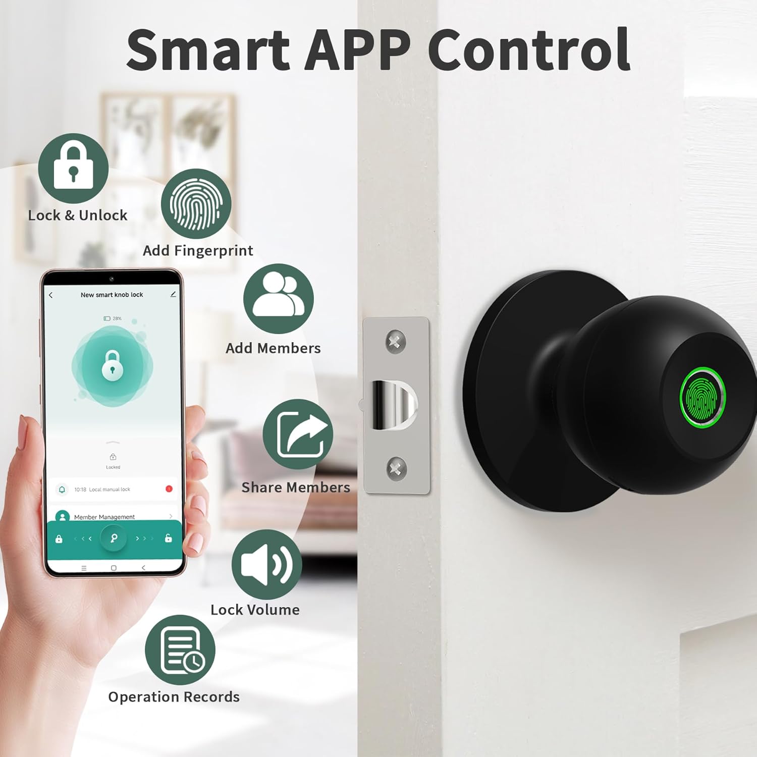 Screenshot of the Smart APP Control interface showing options like Lock & Unlock, Add Fingerprint, Add Members, Share Members, Lock Volume, and Operation Records.
