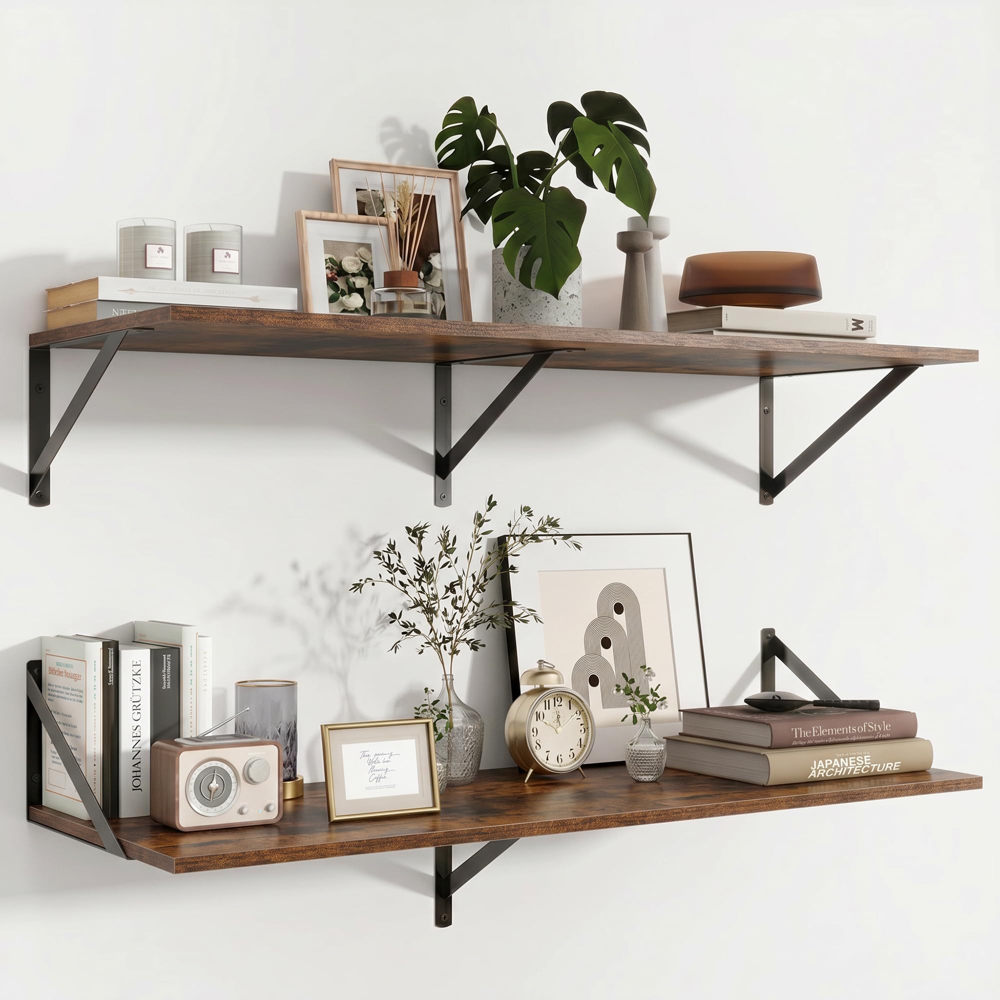Feihorrm Shelves for Wall Set of 2, 90 x 30 cm Deep Wall Shelves, Rustic Brown Wooden Shelves with Metal Brackets, Wall Shelf for Living Room, Bedroom, Kitchen, Bathroom and Office