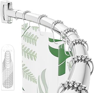 ENJOYBASICS Curved Shower Curtain Rod with Shower Rings, 35-77 Inches Adjustable Round Bathroom Rod for Extra Space, Rustproof, Need to Drill, Silver