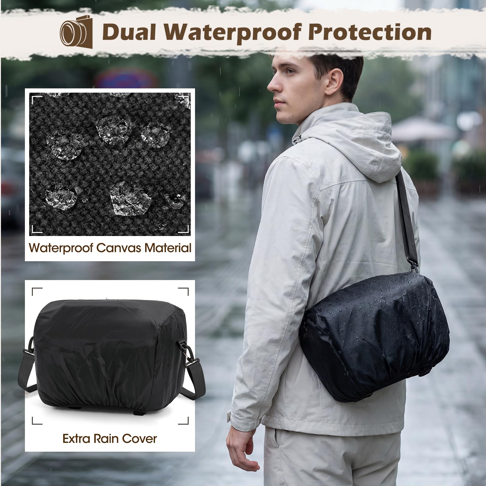 RAINSMORE Sac pour Appareil Photo Bandoulière Vintage en Toile Imperméable, Sacoche pour Appareil Photo Reflex et Hybride avec Housse de Pluie, Support Trépied et Fermetures SBS