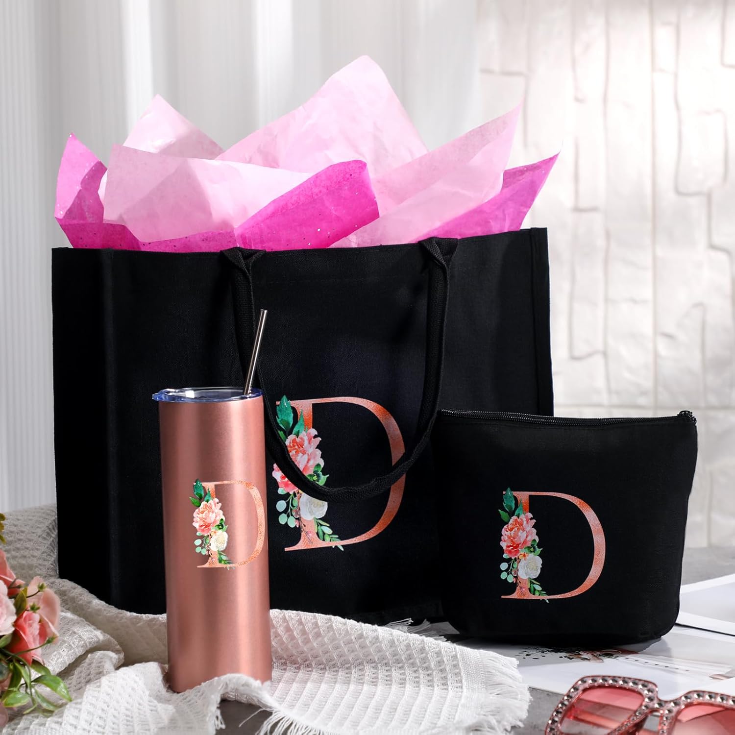 Huhumy Initial Canvas Tote Bag for Women Initial Gifts Makeup Bag Personalized Monogram Tumbler Mother Day Teacher Gifts