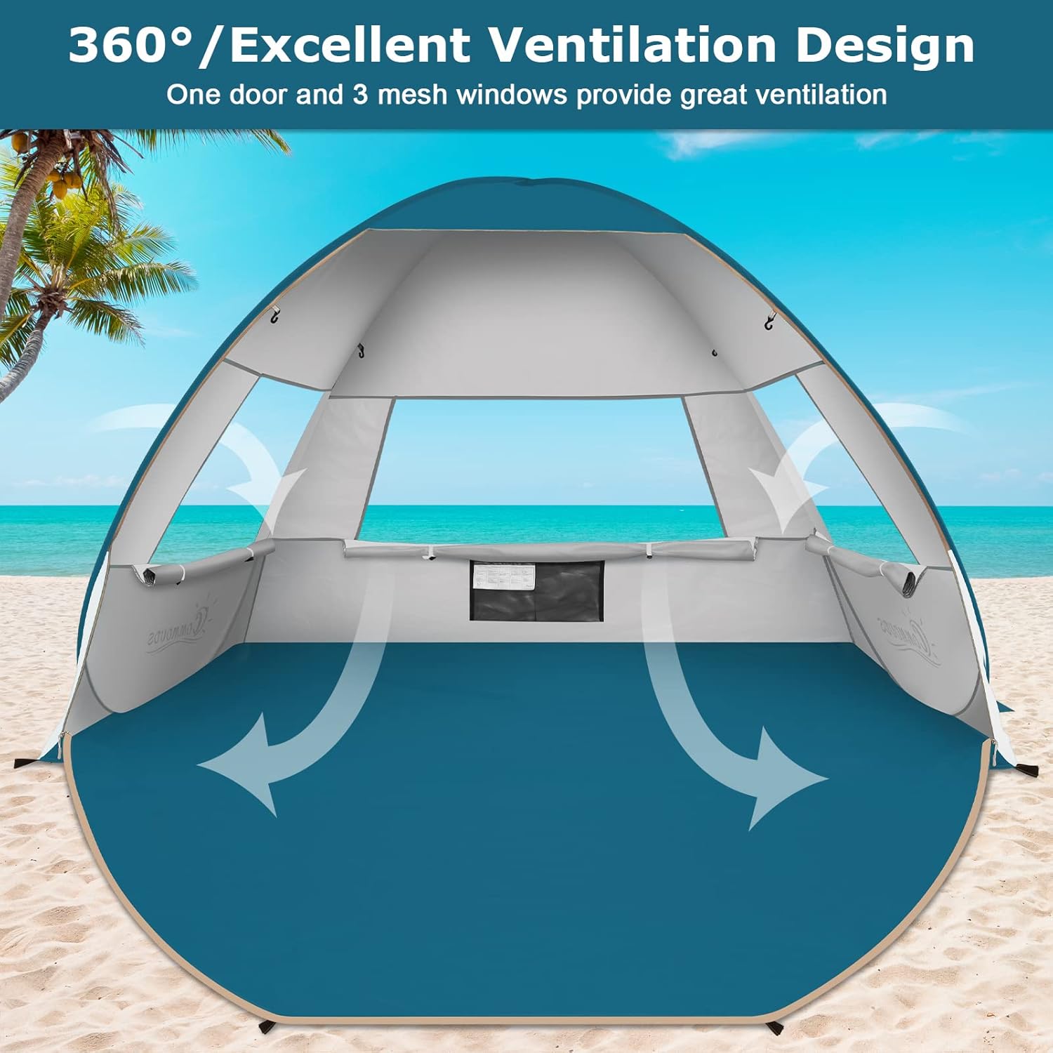 COMMOUDS Large Pop Up Beach Tent for 3-4 Person, UPF 50+ Beach Sun Shade, Automatic Beach Sun Shelter Umbrella with Carry Bag, Lightweight and Easy Set Up