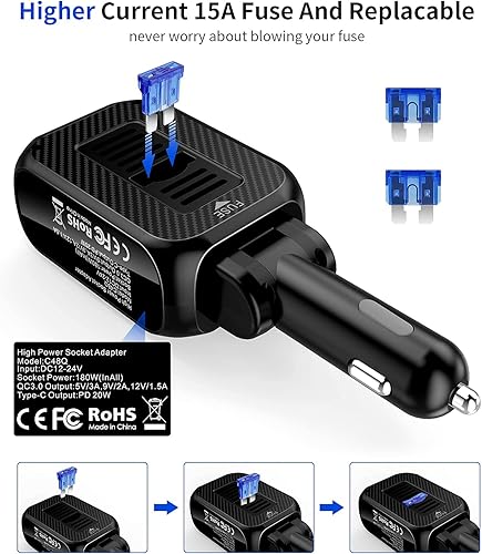 Miniatura 5 de SUPERONE Divisor de encendedor de cigarrillos de 180 W con PD de 20 W, adaptador de encendedor de cigarrillos de 2 enchufes, cargador rápido USB C