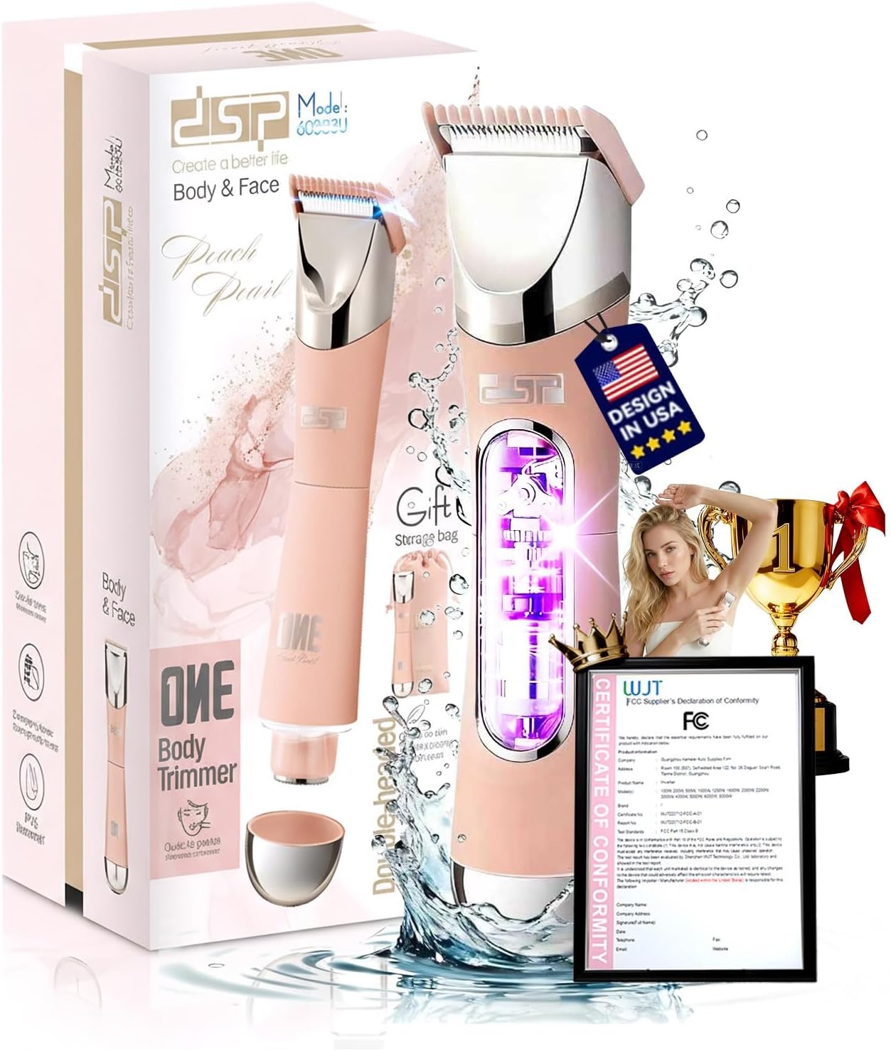 Dual Head Bikini Trimmer for Women 5-in-1 【IPX7 Waterproof】 Electric Razors 【German-TXO-Technology】-Painless-Blade Body Shaver for Pubic Hair Underarm Leg Arm Body Face (Peach)