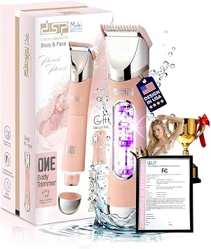 Dual Head Bikini Trimmer for Women 5-in-1 IPX7 Waterproof Electric Razors German-TXO-Technology-Painless-Blade Body Shaver for Pubic Hair Underarm Leg Arm Body Face Peach