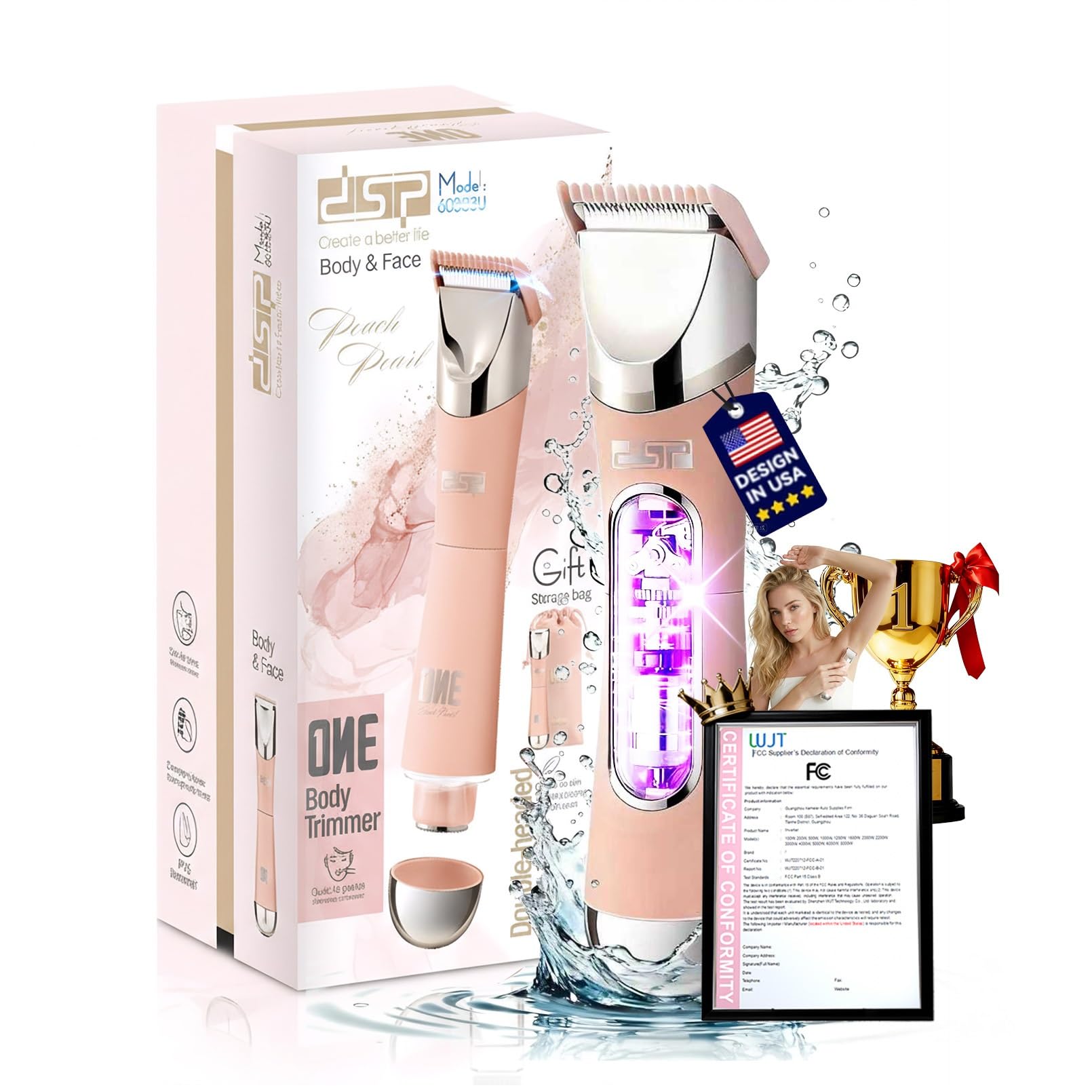 Dual Head Bikini Trimmer for Women 5-in-1 【IPX7 Waterproof】 Electric Razors 【German-TXO-Technology】-Painless-Blade Body Shaver for Pubic Hair Underarm Leg Arm Body Face (Peach)