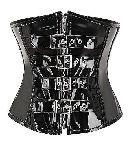 bslingerie Womens PVC Leather Underbust Waist Training Body Shaper Bustier Corset Top - Small - Black Buckles