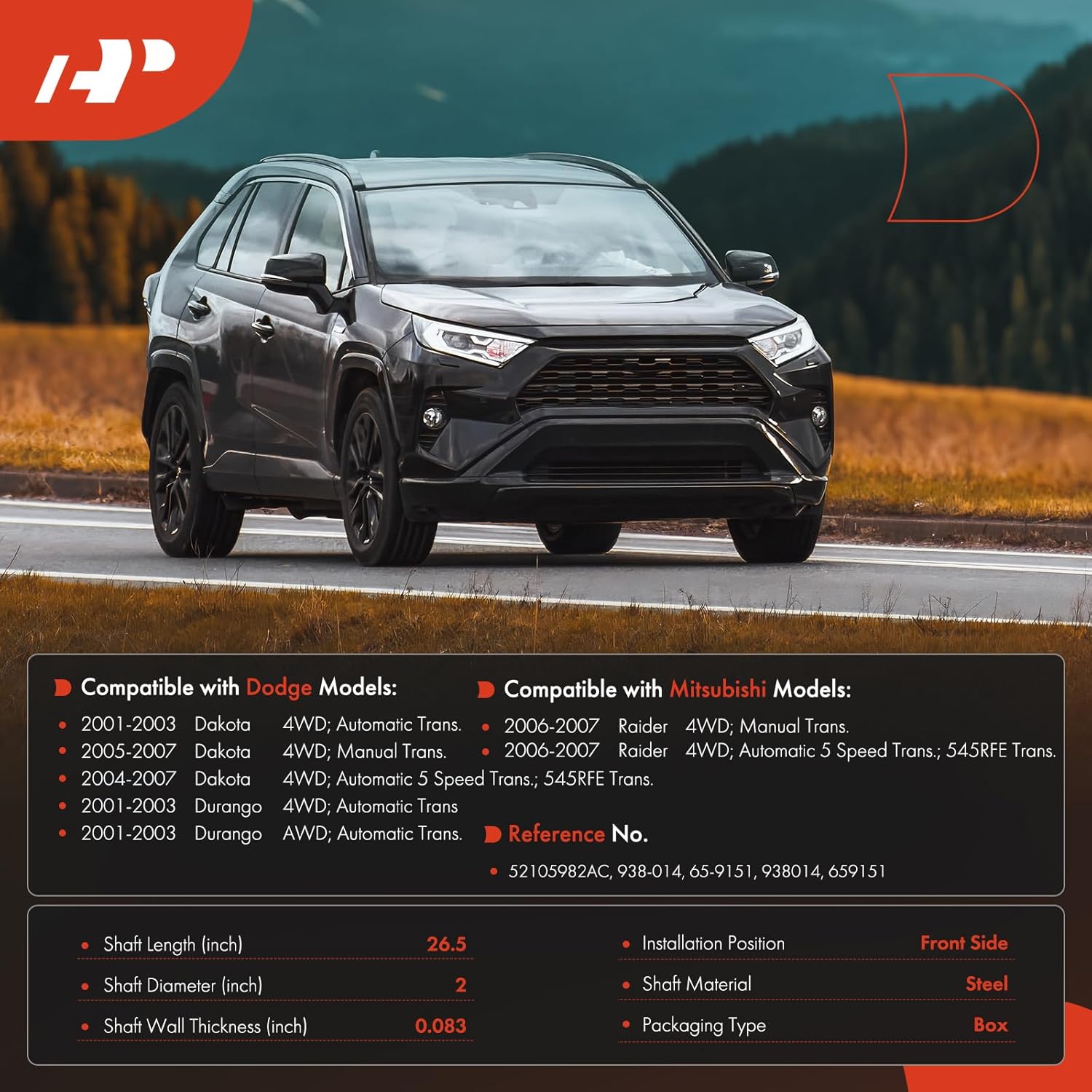 A-Premium Front Prop Drive Shaft Assembly Compatible with Dodge Dakota 2001-2007, Durango 2001-2003 & Mitsubishi Raider 2006-2007, 4WD only, (end to end 26.5"), Replace# 52105982AC