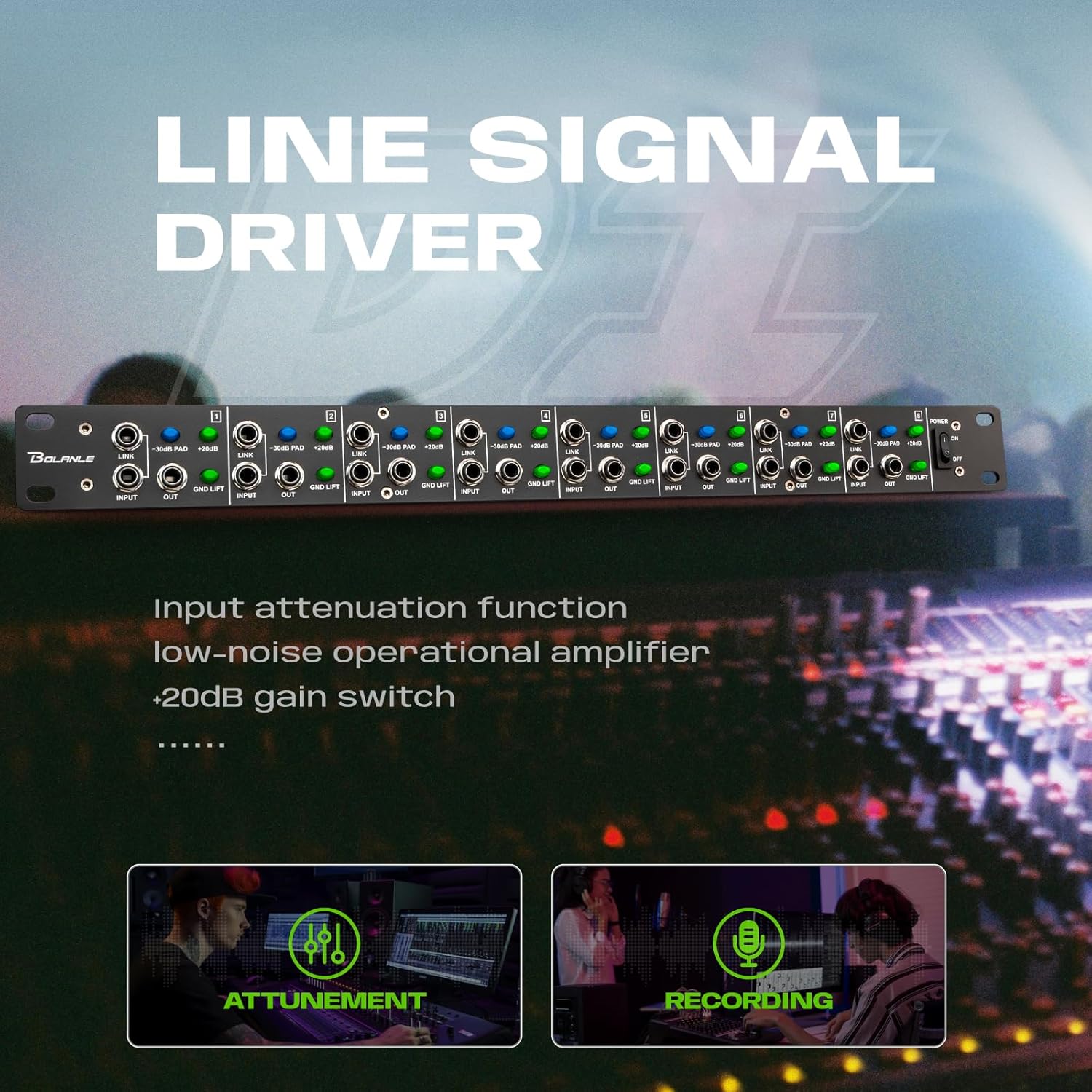 Bolanle DI8000 Pro 8-Channel Active Direct Box DI Box | TRS Input & Thru to XLR Output | Ground Lift & Level Control | 1U Rackmount for Stage Studio Live Sound