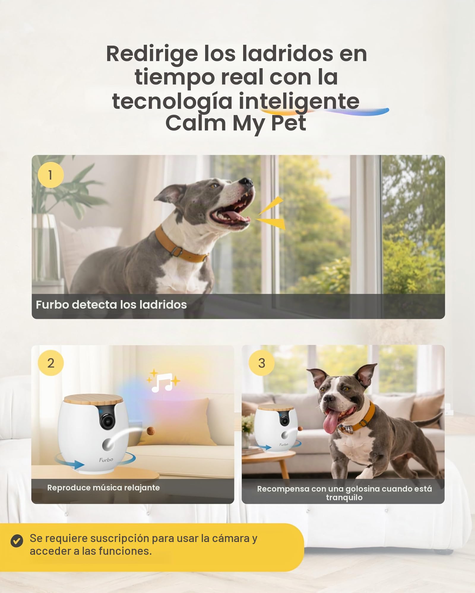 Furbo Mini cámara de 360º para mascotas, desbloquea la cámara inteligente y las funciones inteligentes con plan de pago: seguridad para el hogar y alertas de seguridad para perros y gatos, dispensador