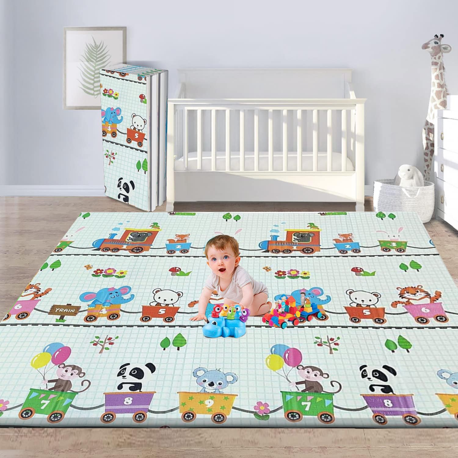 Junior Kingdom Play Mat (200cm X 180cm X 1cm) Playmat Play Babies Extra Thick Crawling Mat Water Proof and Reversible Large Soft for Toddler (Long Trains & Giraffes)