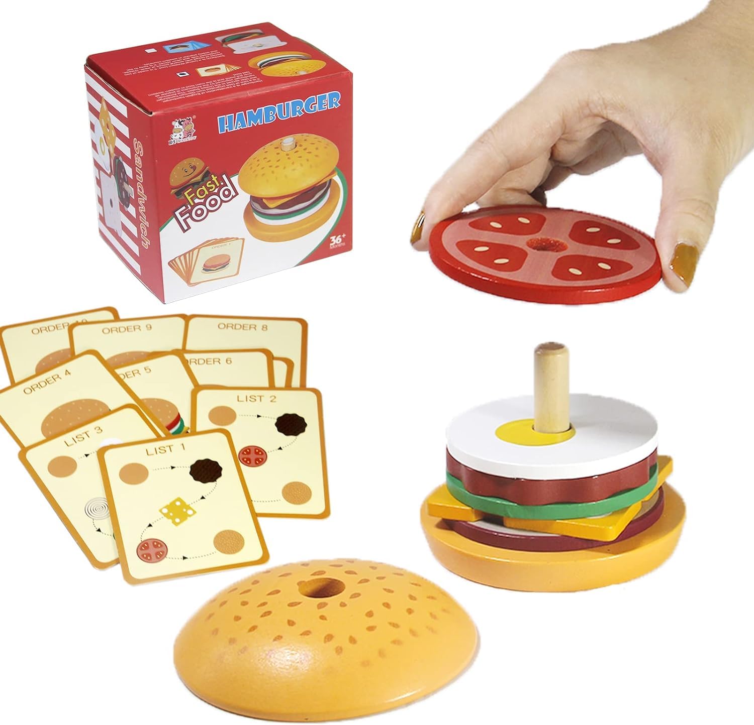 Tiny Toys Montessori Toys for 2 3 4 5 Year Old, Wooden Burger Stacking Toys, Educational Fine Motor Toys for Toddlers Preschool Learning Pretend Play Food for Kid Boy Girl Gift (B0CP478BBN) Amazon Price History, Amazon Price Tracker