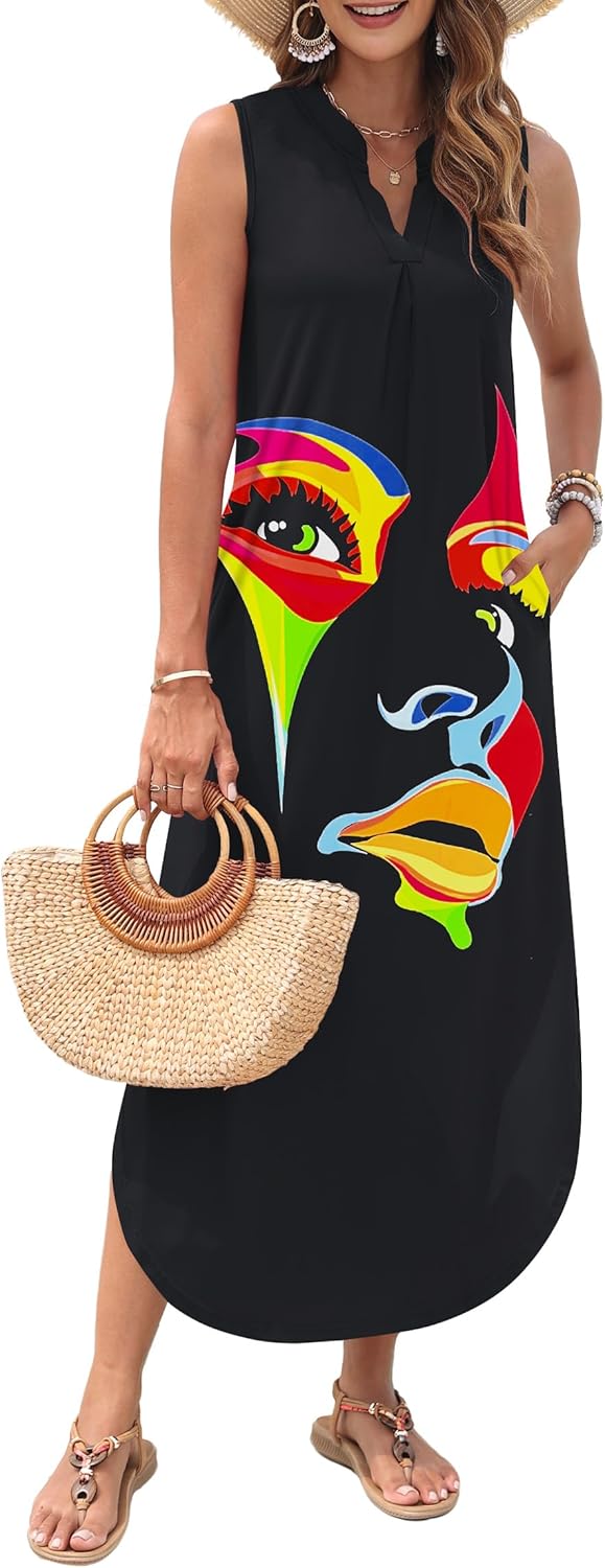 AUSELILY Womens Summer Casual Maxi Dresses 2026 Sleeveless Long Beach Dresses V Neck Loose Sundresses with Side Split Pockets - Image 2