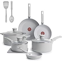 T-Fal Refresh Ceramic Nonstick Cookware Set, 12-Piece Ceramic Pots and Pans Set, Includes Stockpot, Griddle, Frying Pans, Utensils, Moon Grey