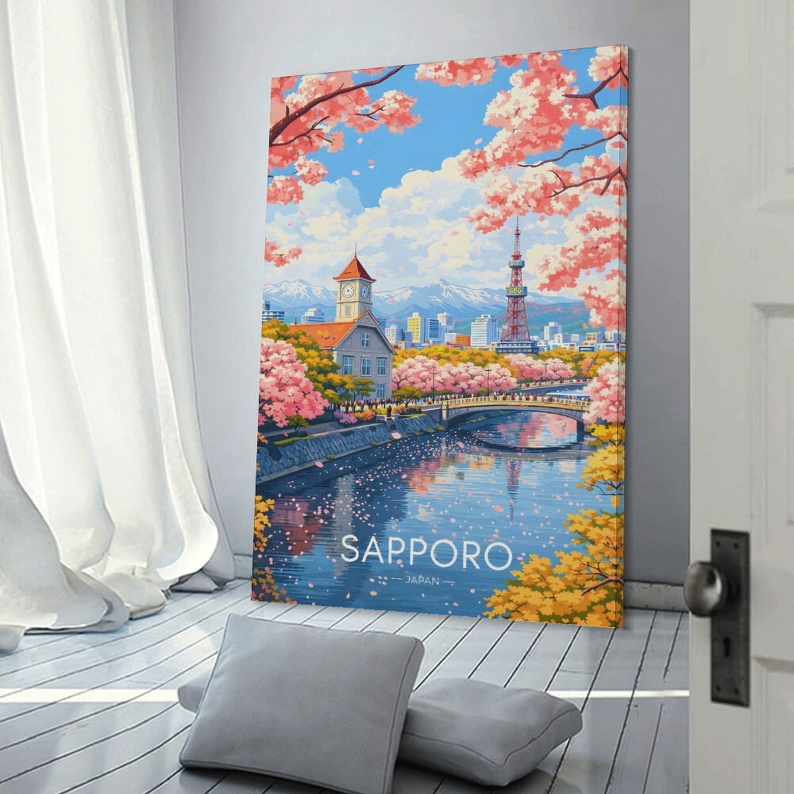 Junmoney Sapporo Cityscape with Cherry Blossoms Canvas Wall Decor, 24x36inch(60x90cm), for Home Lounge, Bedroom Or Reading Nook, Modern Wall Decor for Cosy Interiors