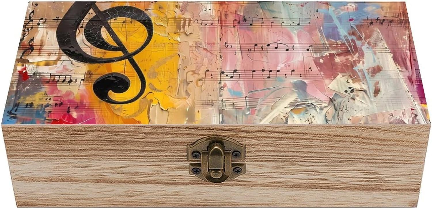 Abstract Musical Piano Keyboard & Notes Wooden Storage Box