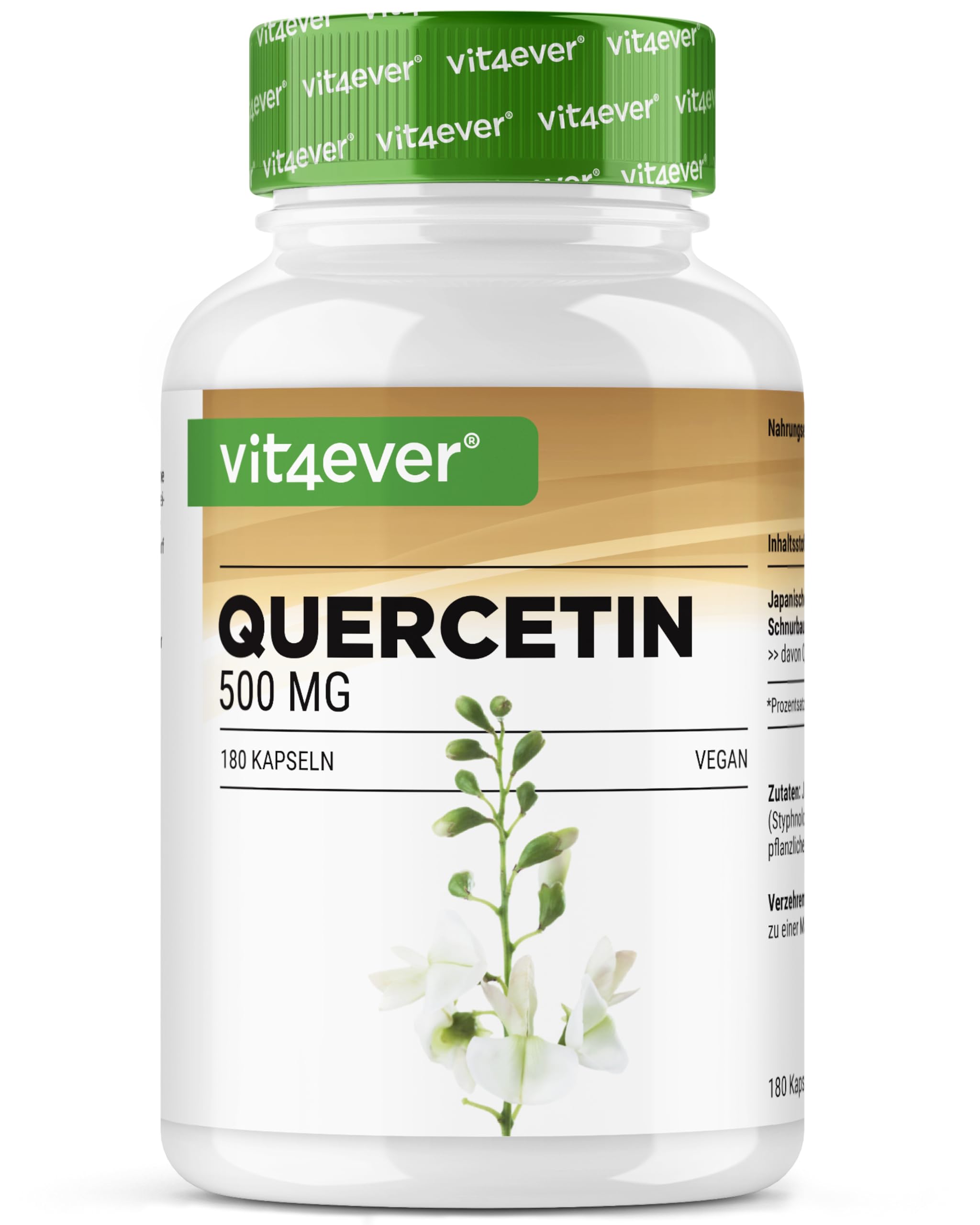 Quercetin - 500 mg - 160-180 Kapseln - 4-6 Monatsvorrat - Premium: Natürlicher 15:1 Schnurbaum-Blütenextrakt mit 95% Quercetingehalt - Hochdosiert- Vegan