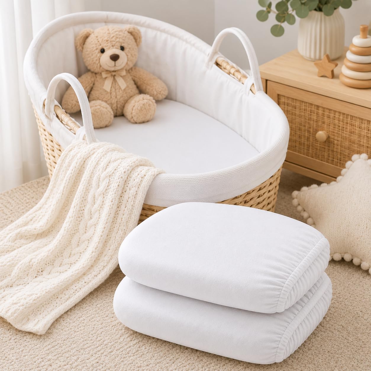 BABYMAM Super Soft Jersey Fitted Sheet for Moses Basket 80 x 38 cm,100% Cotton, Stretchy Elasticated Baby Mattress Cover, Fits Moses Basket, Pram Carrycot & Bassinet – White