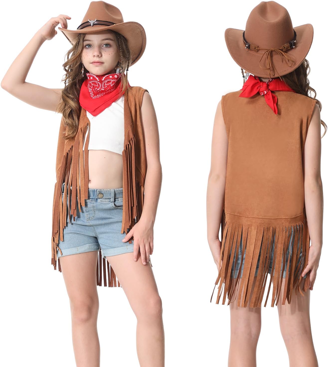 Cowgirl Outfits for Girls Kids 6 Pcs Western Costume Accessories Cowboy Hat Fringe Vest Earring for Halloween Party