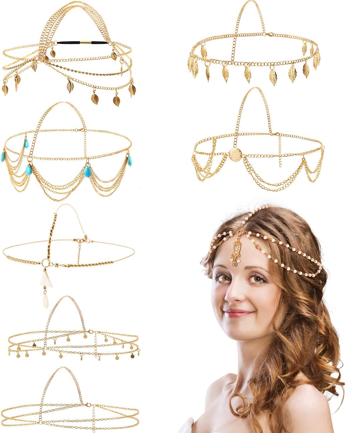 8-Piece Gold Head Chain Jewelry Boho Headband Headpiece Coins Pearl Tassel Hair Band Festival Prom Wedding for Women and Girls (Style A)