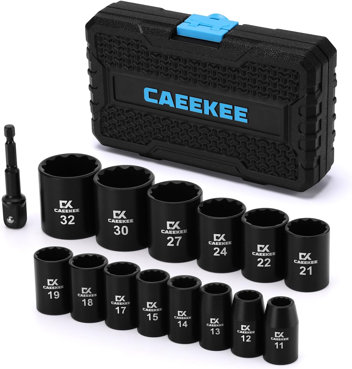 15PCS 1/2" Drive Shallow 12-Point Impact Socket Set, Metric(11mm - 32mm), Cr-V Steel, Includes Drill Socket Adapter