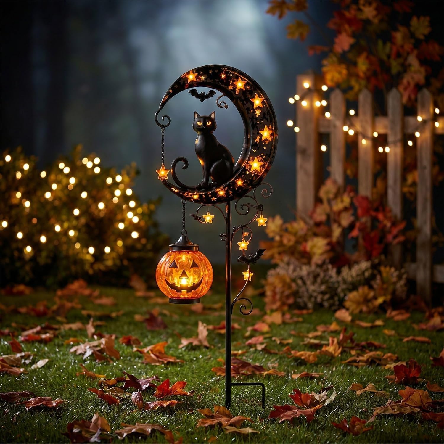 BomKra Solar Halloween Black Cat & Pumpkin Moon Garden Stake Light, Halloween Garden Decorations Outdoor, Hanging Pumpkin Lantern, Outdoor Decor for Yard Pathway Patio