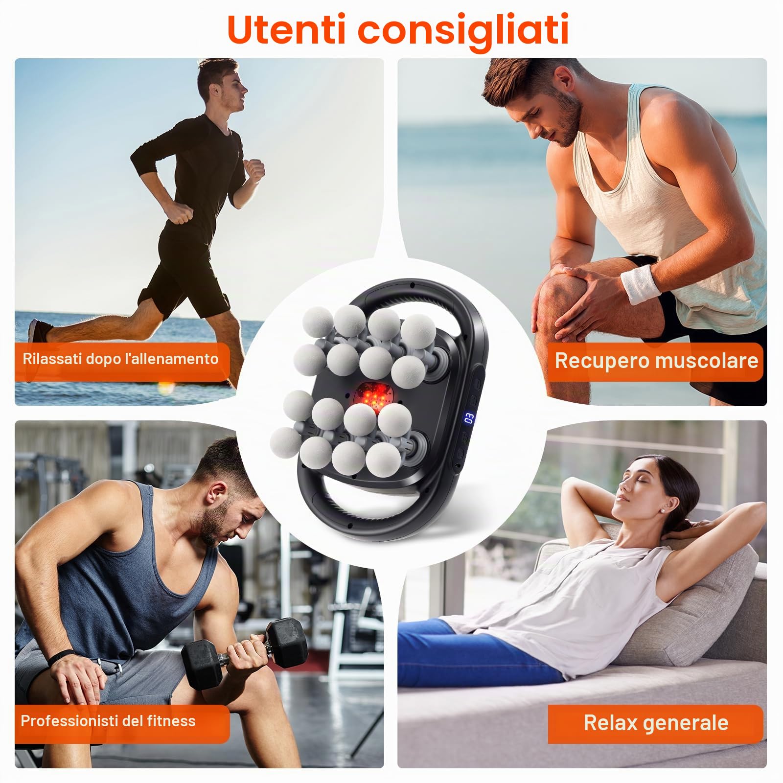 Pistola Massaggio Muscolare con Luce Rossa, 16 Teste Massaggiatore Muscolare Elettrico con 9 modalità e 30 velocità Regolabili, per Alleviare la Tensione Muscolare e L'affaticamento per Schiena Gambe