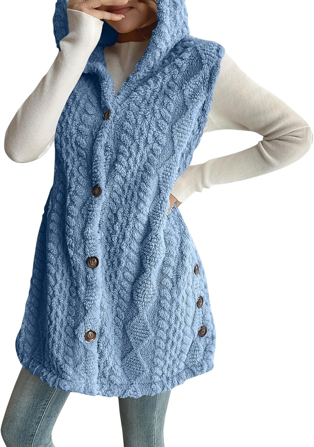 Womens Sherpa Vest Sleeveless Long Winter Button up Fleece Hooded Vest Jackets Warm Lightweight Fleece Outerwear