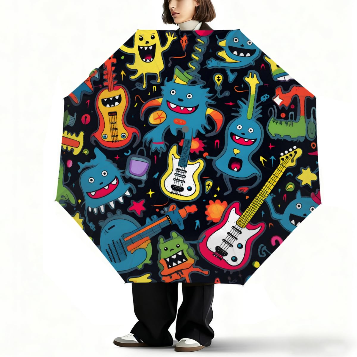 Paraguas plegable con cierre automático, guitarra loca, moderna, abstracta, hiphop, música juvenil, arte callejero, resistente a los rayos UV, automático, portátil, ligero, paraguas de lluvia