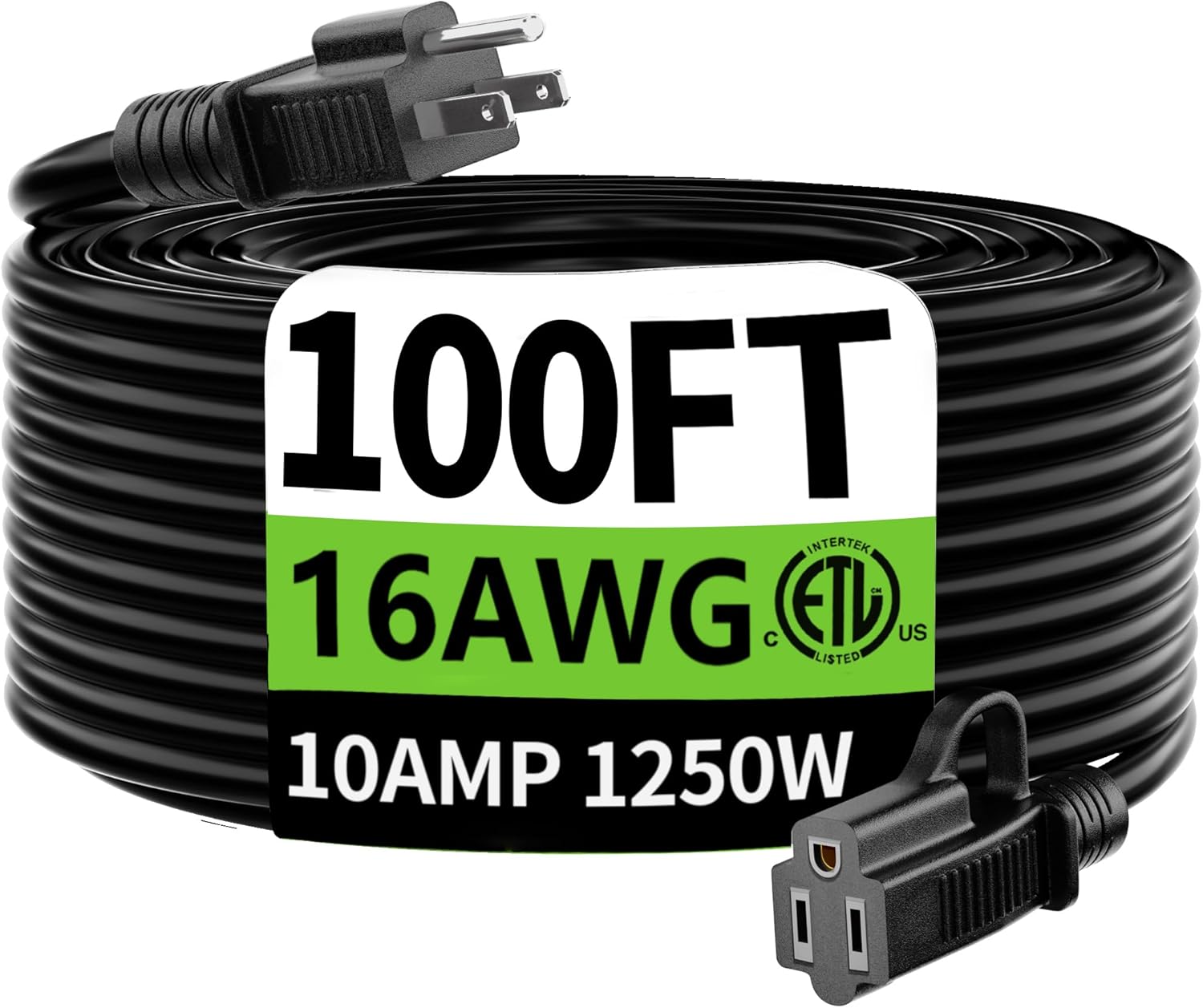 HUANCHAIN 16 Gauge 100 Ft Outdoor Extension Cord Waterproof, 16/3 Flexible Cold-Resistant Appliance Extension Cord Indoor Outside, 10A 1250W 16AWG SJTW, 3 Prong Electric Cable, ETL