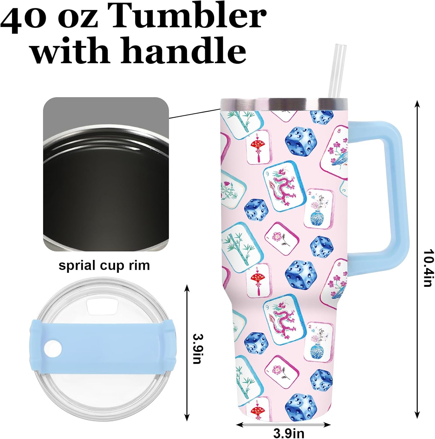 JarThenaAMCS Mahjong Tumbler with Lid and Straw Stainless Steel Cup 40oz Pink Blue Mahjong Tile Dice Tumbler with Handle for Game Night Bridal Shower Birthday Home Office Travel - Image 2