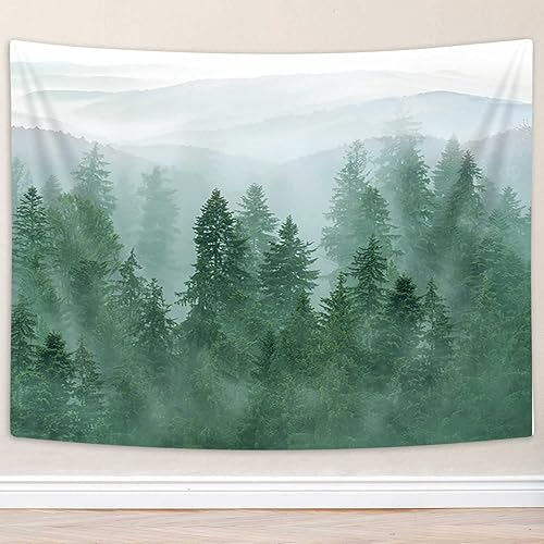 Miniatura 5 de Boziqr Tapiz de bosque verde con árbol brumoso de montaña, tapiz de pared para sala de estar, dormitorio, 60 x 40 pulgadas