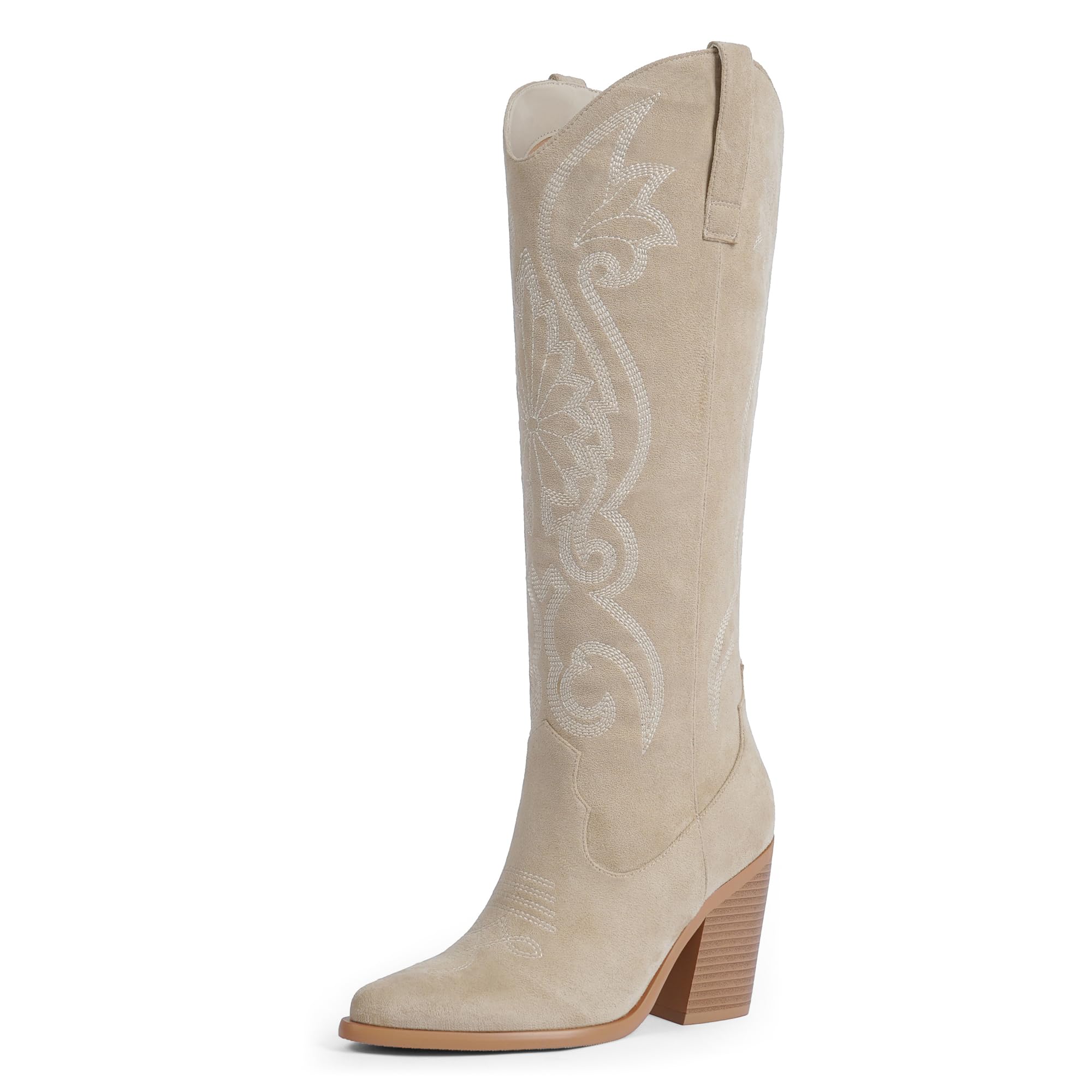Modatope Knee High Cowboy Cowgirl Boots Embroidered Tall Western Boots for Women with Block Chunky Heel Pointed Toe