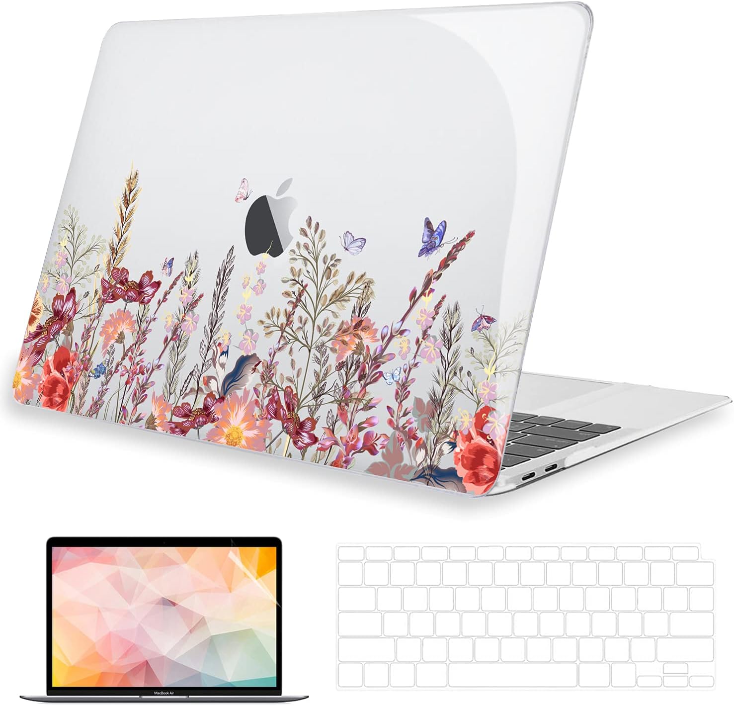 G JGOO Compatible with MacBook Air 13 inch Case 2022 2021 2020 2019 2018 M1 A2337 A2179 A1932 Touch ID, Clear Hard Shell Case + Keyboard Cover + Screen Protector, Flower Butterfly