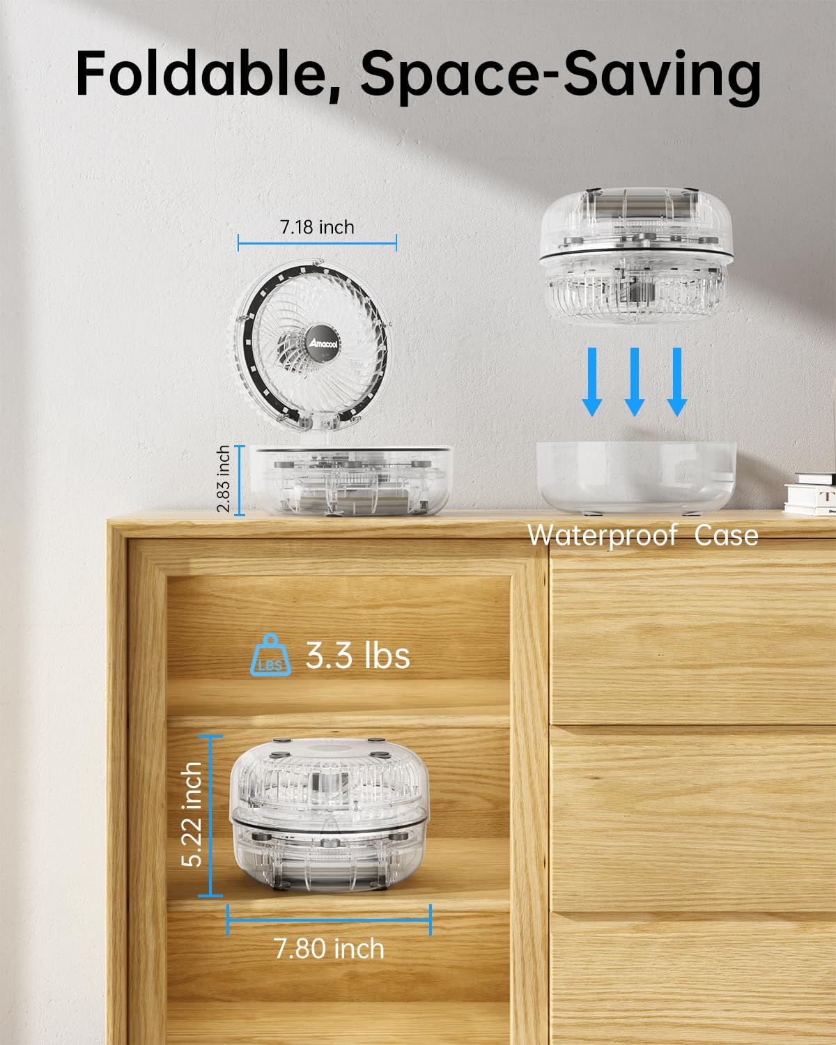 AMACOOL Transparent Folding Desk Fan, [Max 83Hrs Runtime] 20000mAh 8 Inch Rechargeable Portable Fan for Travel, 90° Oscillating 5 Speeds with Ambient Light, 8H Timer for Cruise, Camping, RV, Home - Image 7